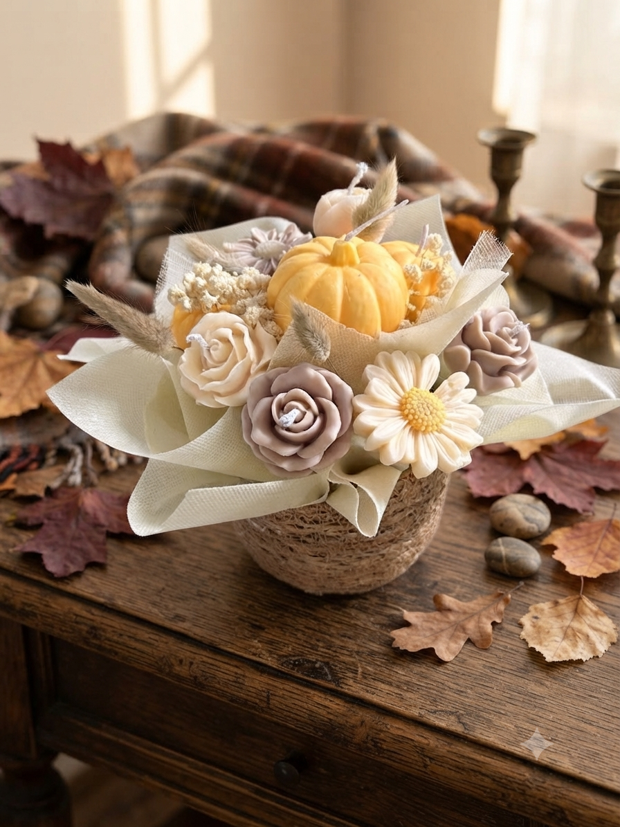 Χειροποίητο Μπουκέτο Κεριών «Autumn Bloom» με Κολοκύθες & Λουλούδια | Ethereal Atelier