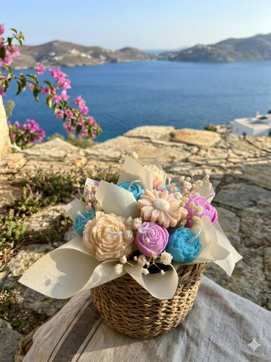 Κέρινα χειροποίητα λουλούδια με υπέροχο άρωμα σε ψάθινο κασπώ