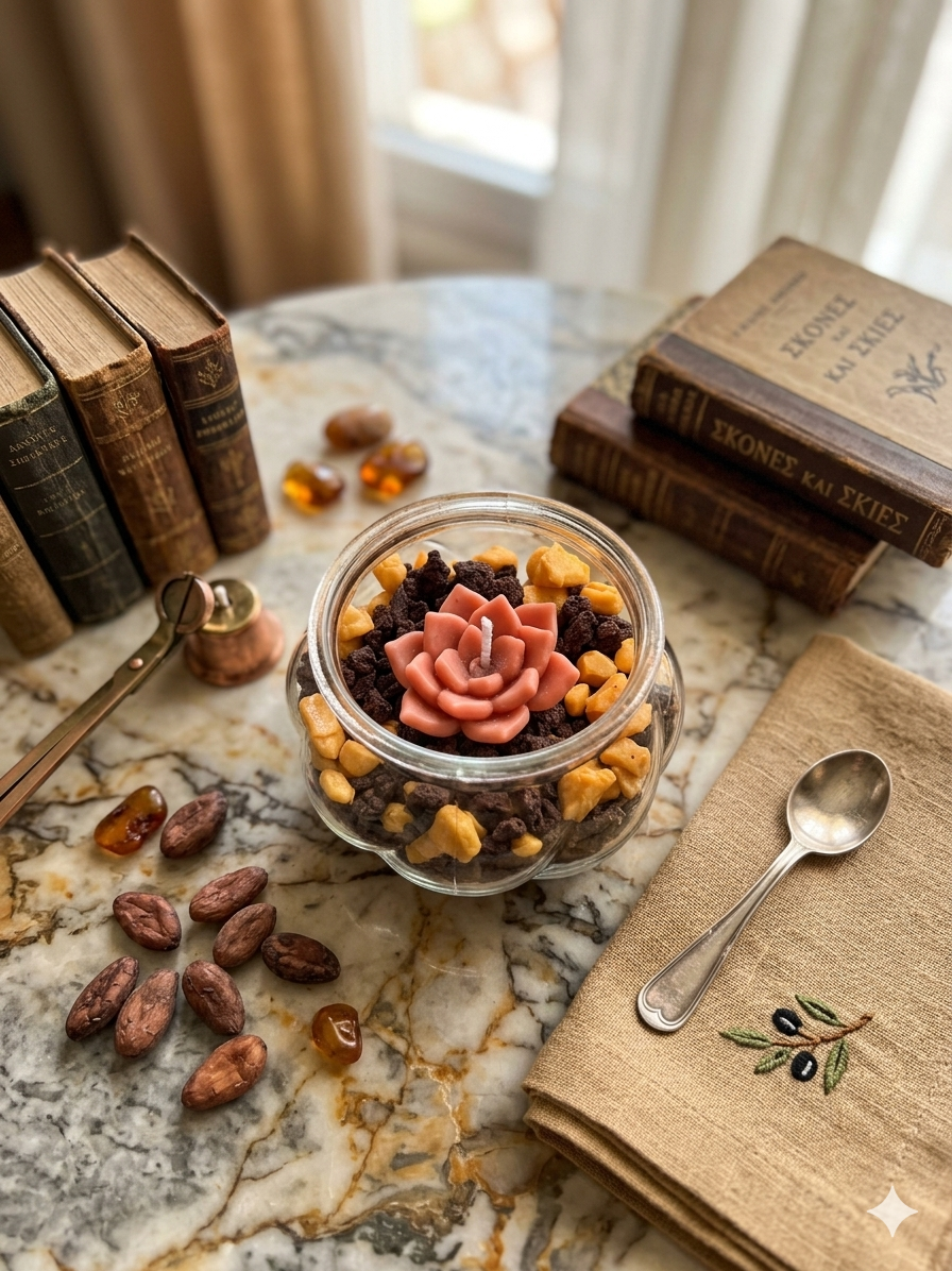 Χειροποίητο κερί σόγιας με εφέ πέτρας/χώμα και ένα λουλούδι μέσα σε γυάλινο δοχείο