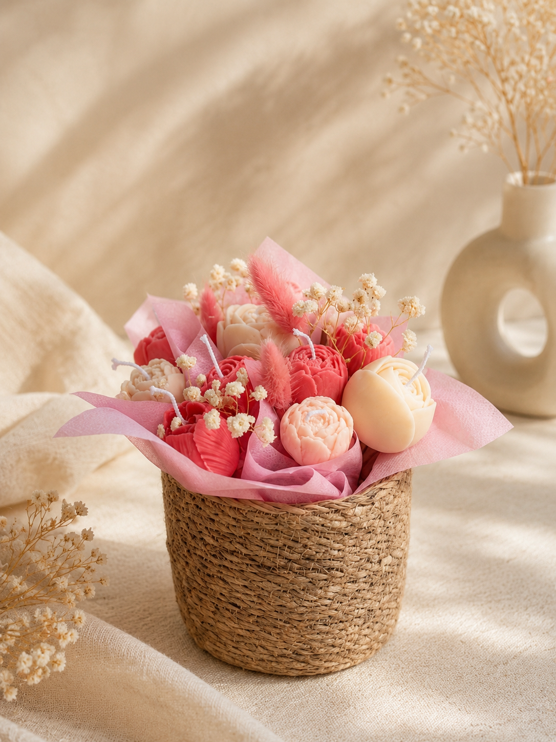 Κέρινα χειροποίητα λουλούδια με υπέροχο άρωμα σε ψάθινο κασπώ